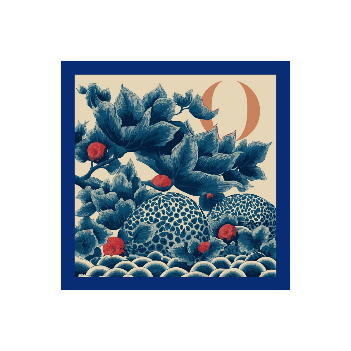 A square art print or decorative tile featuring a Japanese-style illustration with deep blue leaves, red berries, patterned blue-and-white melons, and stylized waves on a cream background, surrounded by a dark blue border.