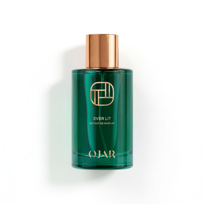 OJAR EVER_LIT_EXT 100ML Green perfume bottle with bronze cap on a white background