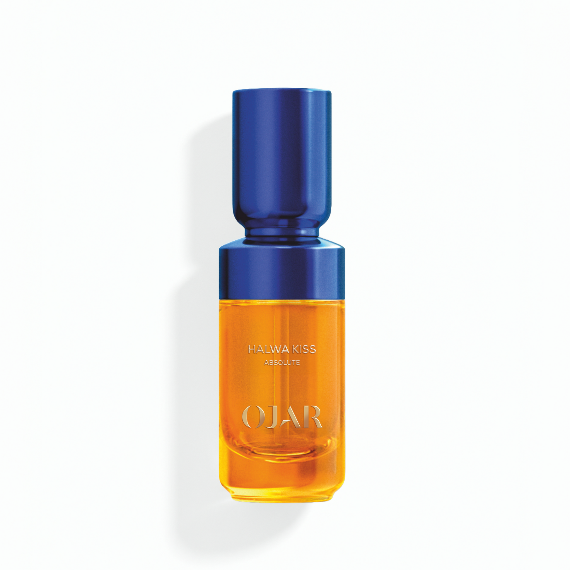Absolute Perfume Oil bottle in 20ml by OJAR labelled as 'Halwa Kiss' with blue cap and orange liquid on a white background