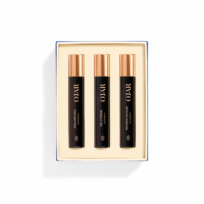 Three OJAR travel size perfumes in 15ml in a box on a white background