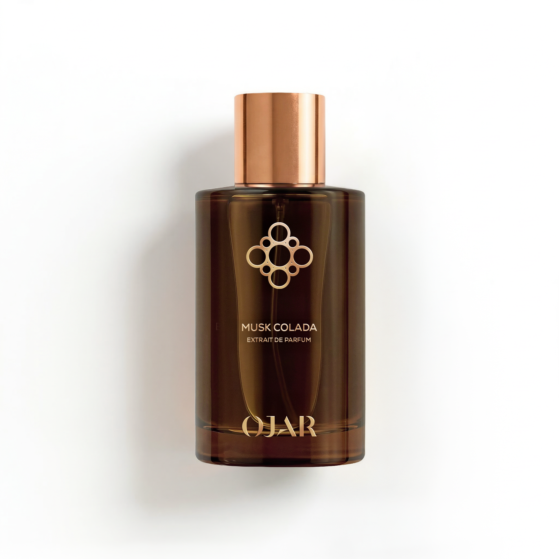 Brown perfume bottle from OJAR named Musk Colada in 100ml Extrait de Parfum with copper cap on a white background