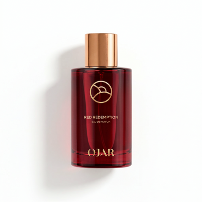 OJAR RED REDEMPTION EDP 100ML Red perfume bottle with gold cap on a white background