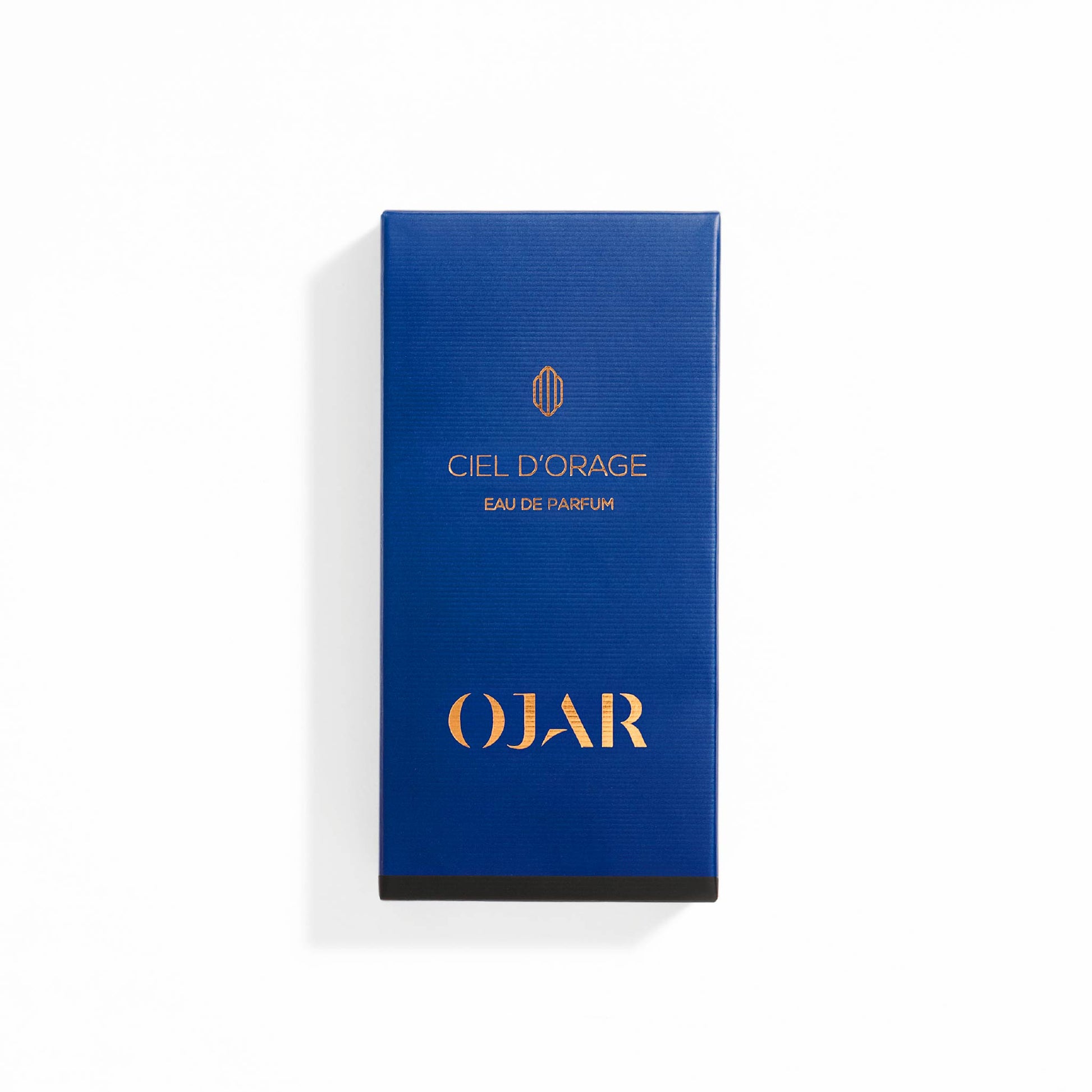 Blue Ojar perfume box labelled as 'Ciel D'Orage Eau de Parfum' 15ML on a white background