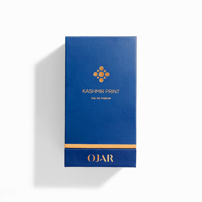 Blue box of Ojar Kashmir Print Eau de Parfum on a white background